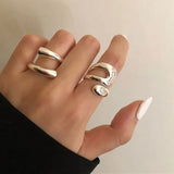 Minimalist Silver Color Rings for Women Fashion Creative Hollow Irregular Geometric Birthday Party Jewelry Gifts