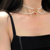 Maytrends Kpop Vintage Love Heart Pendant Choker Necklace For Women Zircon Pearl Chain Party Aesthetic Jewelry Christmas Gift Hot Sale