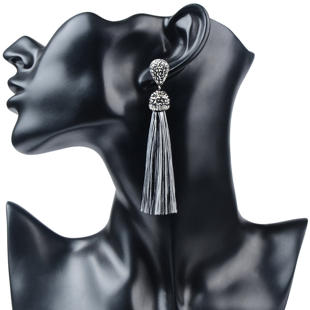 Fashion 12Colors Long Tassel Earrings Handmade Bohemian Unusual Silk Crystal Dangle Drop Hanging Earrings For Women Jewelry Gift