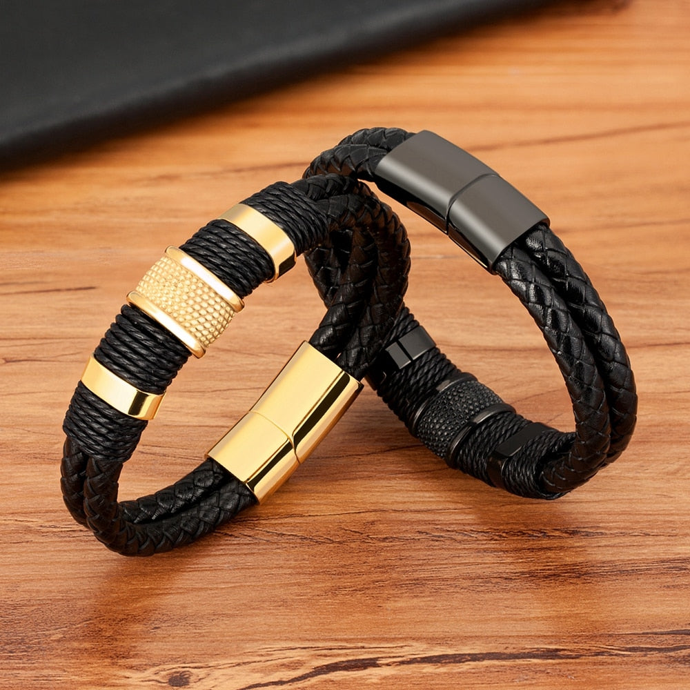 XQNI Woven Leather Rope Wrap Special Style Classic Stainless Steel Men&#39;s Leather Bracelet Double-layer Design DIY Customization