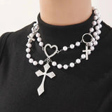 MAYTRENDS  -  European and American celebrity pearl and diamond love cross necklace