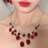 MAYTRENDS  -  Red crystal earrings rhinestone pendant necklace choker clavicle chain necklace accessories