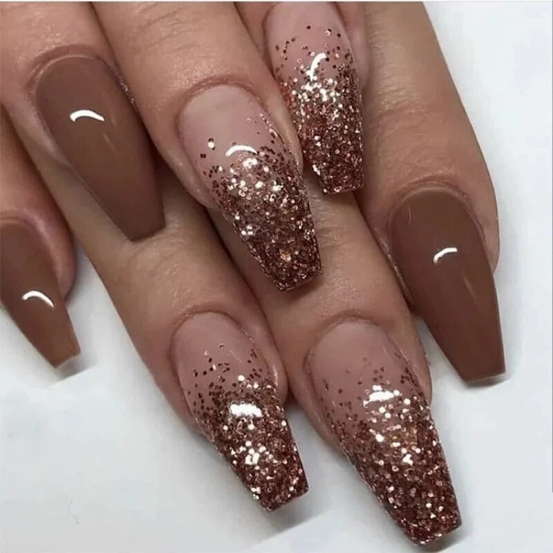 24pcs Removeable False Nails with Glue Ballet Nails with Designs Gradient Shinny Brown Press on Nails Coffin Glitter Fake Nails