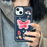 Korean Cute Y2k Butterfly Denim Embroidery Phone Case For iPhone 15 14 13 12 Pro Max 11 Love Heart Cherry Shockproof Soft Cover