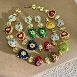 MAYTRENDS  -  Colorful Enamel Love Plant Pearl Flower Heart  Necklace for Women Autumn Winter Luxury Retro Clavicle Chain