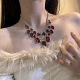 MAYTRENDS  -  Red crystal earrings rhinestone pendant necklace choker clavicle chain necklace accessories