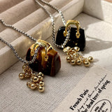 MAYTRENDS  -  tiger eye stone obsidian bag grape bunch necklace