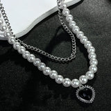 MAYTRENDS  -  Heart Pearl Necklaces Silver Color Alloy Cuban Chain Black Love Pendant Choker Punk Jewelry Party Gifts