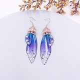 Fashion Handmade Femme Wing Drop Earrings Purple Resin Fairy Cicada Wings Earrings Rhinestone Purple Earrings Vintage Jewelry