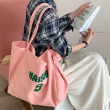 MAYTRENDS  -   Women's Cotton Canvas Shoulder Bag Letter Printed Tote Large Capacity Shopping Handbag Candy Color Gift Bags