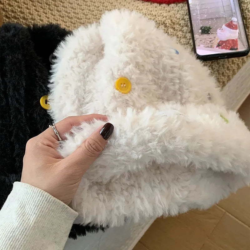 Fluffy Fur Hat Women Soft Plush Hat Winter Warm Ear Protection Cap Colorful Buttons Outdoor Snow Coldproof Version Benines Caps