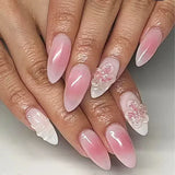 MAYTRENDS  -  Press on Acrylic Nails Almond Full Cover Fake Nail with 3D Yellow Peach Floral False Nails with Glue Detachable Stick on Nails