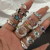 Maytrends Y2K Crystal Rings Kpop Heart Adjustable Ring Irregular Geometry Punk Vintage Rings Set for Women Girls New Fashion Jewelry