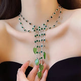 MAYTRENDS  -  Luxurious green rhinestone double-layered tassel leaf pendant necklace