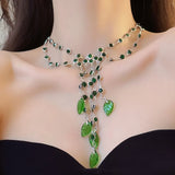 MAYTRENDS  -  Luxurious green rhinestone double-layered tassel leaf pendant necklace