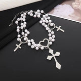 MAYTRENDS  -  European and American celebrity pearl and diamond love cross necklace