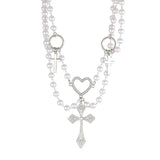 MAYTRENDS  -  European and American celebrity pearl and diamond love cross necklace