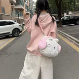 Maytrends Kawaii Cute Backpack for Women White Pink Cat Head Shape Fashion Crossbody Bag New Soft Plush Sweet Large Capacity Handbag