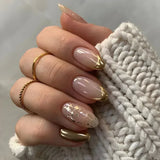 MAYTRENDS  -  24Pcs Short Nude Almond Press on Nails with 3D Gold Lines Designs Gradient Pink French False Nail Art Full Cover Tips for Girls