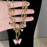 MAYTRENDS  -  Pink butterfly tassel necklace stacked with niche design super fairy clavicle chain