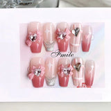 Maytrends 10Pcs Handmade Press On Nails Pink Fake Nails 3D Love Heart Moon Butterfly Rhinestone Design Y2k False Nail Full Cover Nail Tips