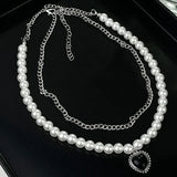 MAYTRENDS  -  Heart Pearl Necklaces Silver Color Alloy Cuban Chain Black Love Pendant Choker Punk Jewelry Party Gifts