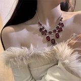 MAYTRENDS  -  Red crystal earrings rhinestone pendant necklace choker clavicle chain necklace accessories