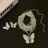 MAYTRENDS  -  Multi-layer full diamond chain butterfly necklace earrings