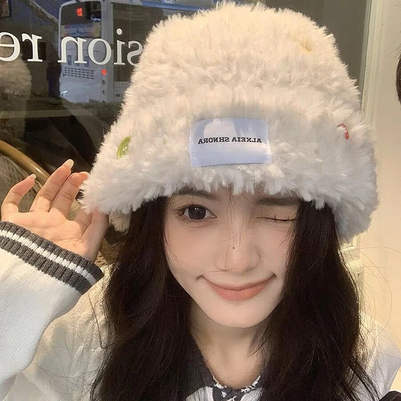 Fluffy Fur Hat Women Soft Plush Hat Winter Warm Ear Protection Cap Colorful Buttons Outdoor Snow Coldproof Version Benines Caps