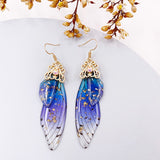 Fashion Handmade Femme Wing Drop Earrings Purple Resin Fairy Cicada Wings Earrings Rhinestone Purple Earrings Vintage Jewelry