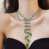 MAYTRENDS  -  Luxurious green rhinestone double-layered tassel leaf pendant necklace