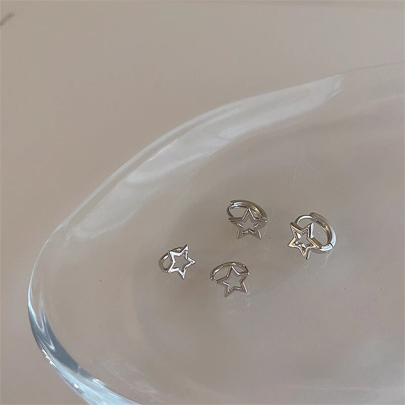 Trend Statement Silver Color Plated Hollow Star Hoop Earring For Women Fashion Vintage Accessories Aesthetic Jewelry Gift
