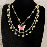 MAYTRENDS  -  Pink butterfly tassel necklace stacked with niche design super fairy clavicle chain