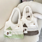 MAYTRENDS  -  Imitation Lamb Wool Shoulder Bag Plush Female Large Capacity Tote Bags Small House Grid Pattern Splicing Cloth Handbag