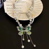 MAYTRENDS  -  Double Wrapped Pearl Green Butterfly Tassel Necklace