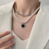 MAYTRENDS  -  Heart Pearl Necklaces Silver Color Alloy Cuban Chain Black Love Pendant Choker Punk Jewelry Party Gifts