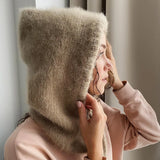 Winter Rabbit Fur Womans Hats Unisex Knitted Hooded Neck Collar Adjustable Elastic Balaclava Cap Hats Gorros Mujer Invierno NEW