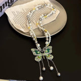 MAYTRENDS  -  Double Wrapped Pearl Green Butterfly Tassel Necklace