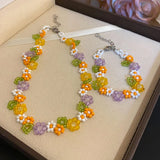 MAYTRENDS  -  Colored Handmade Woven Bead Flower Necklace Collarbone Chain Temperament Style Jewelry Bracelet