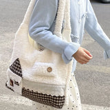 MAYTRENDS  -  Imitation Lamb Wool Shoulder Bag Plush Female Large Capacity Tote Bags Small House Grid Pattern Splicing Cloth Handbag