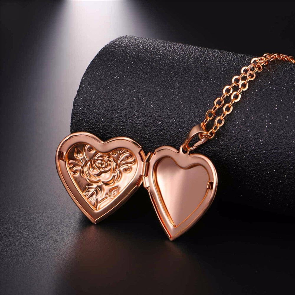 U7 Openable Heart Locket Necklace Photo Frame Memory Romantic Love Embossed Rose Flower Pendant for Women Best Mother&#39;s Day Gift