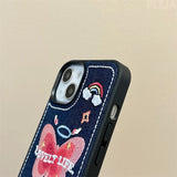 Korean Cute Y2k Butterfly Denim Embroidery Phone Case For iPhone 15 14 13 12 Pro Max 11 Love Heart Cherry Shockproof Soft Cover