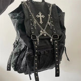 MAYTRENDS  -  Y2K Girls Soft Leather Punk Backpack School Skull Cross Chain Backpack Korean Style Bagpack Women Designer Bags Gothic