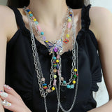 MAYTRENDS  -  Butterfly colorful beads tassel multi-layered choker necklace