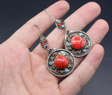 Ethnic Asymmetric Ancient Bronze Metal Painting Drop Earrings Women Red Blue Stone Statement Earrings Jewelry Accessories