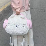 Kawaii Cute Backpack for Women White Pink Cat Head Shape Fashion Crossbody Bag New Soft Plush Sweet Large Capacity Handbag