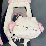 Maytrends Kawaii Cute Backpack for Women White Pink Cat Head Shape Fashion Crossbody Bag New Soft Plush Sweet Large Capacity Handbag