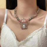 MAYTRENDS  -  Crystal Tassel Multi-layer Flower Bead Imitation Pearl Necklace