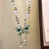 MAYTRENDS  -  Double Wrapped Pearl Green Butterfly Tassel Necklace