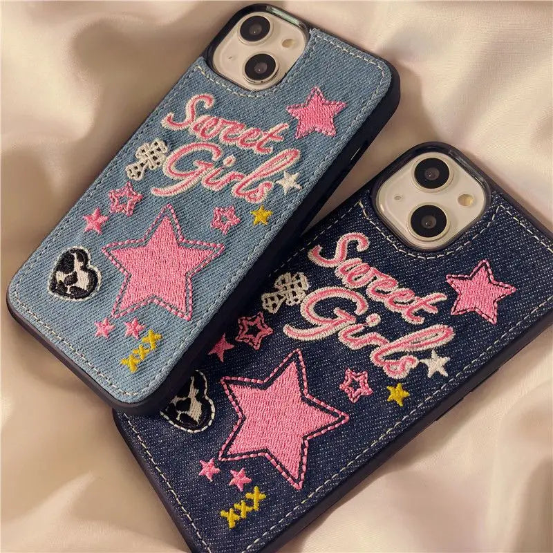 Punk Vintage Denim Rainbow Heart Phone Case Korea INS For iPhone 13 12 11 Pro XS Max X XR Fashion Cow Shockproof Soft Case
